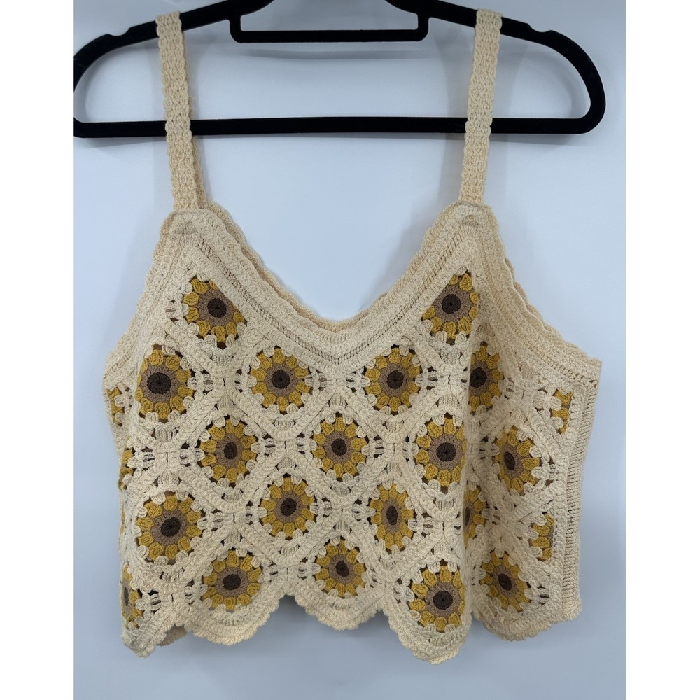 Honey & Sparkle Crochet Daisy Cropped Tank‎ Top Womens Sz L/XL Open Knit